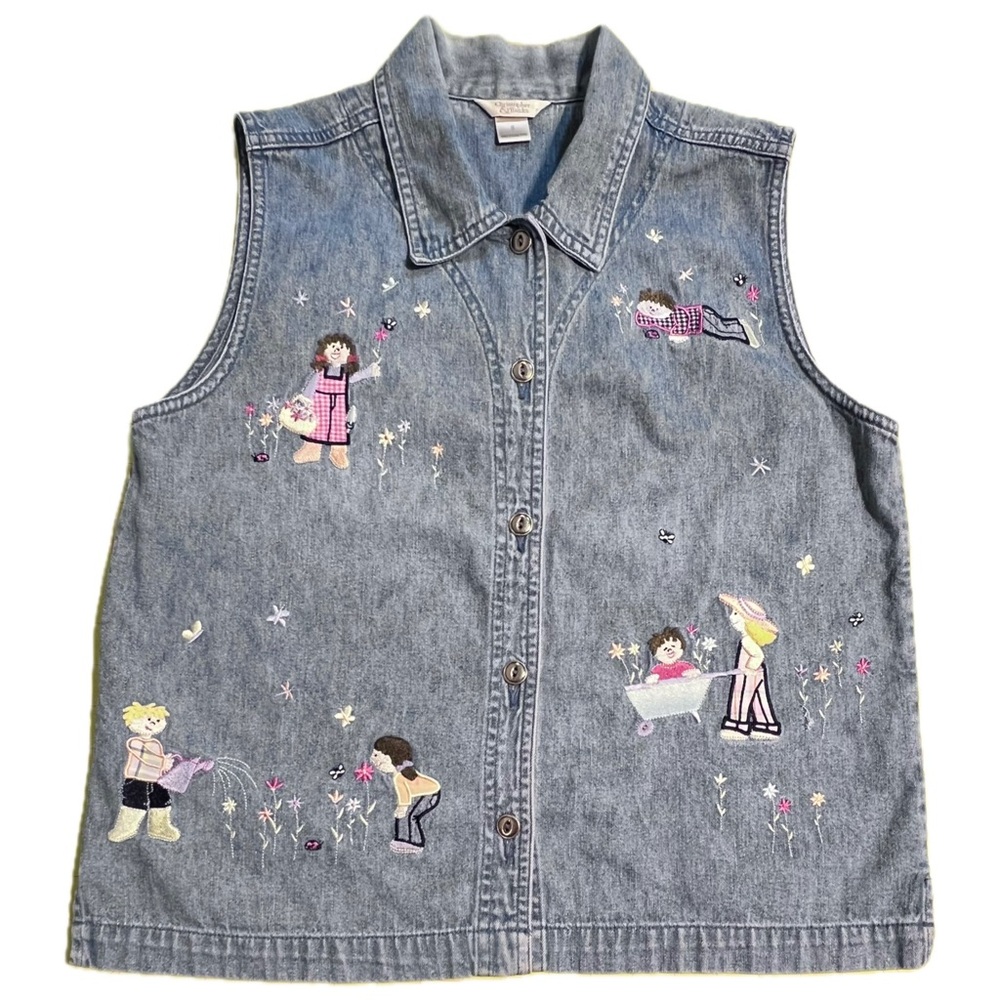 VINTAGE garden denim jeans sleeveless vest button front whimsical embroidery‎